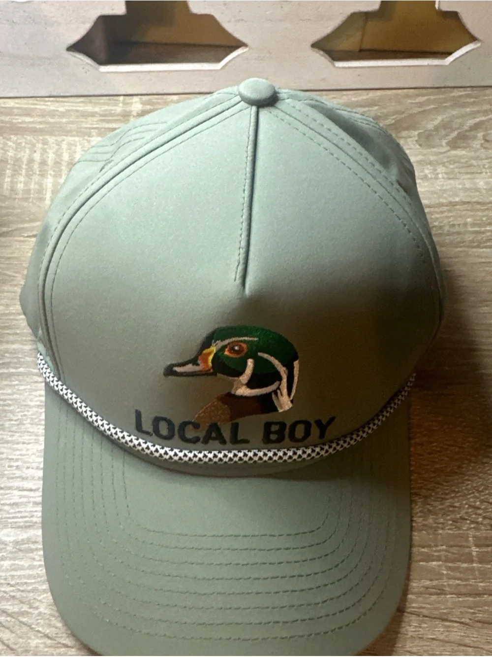 Local Boy Outfitters Mallard Duck Rope Hat loden green front rope trim NWOT